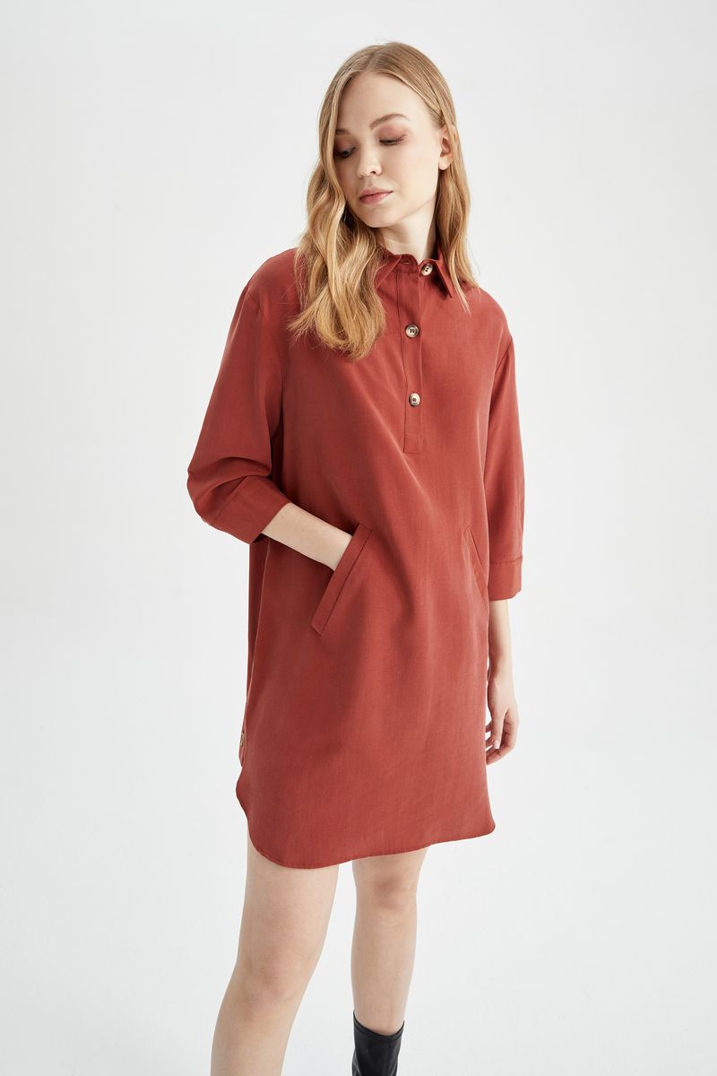 Woman Casual A Line Shirt Neck Long Sleeve Woven Dress - Brown