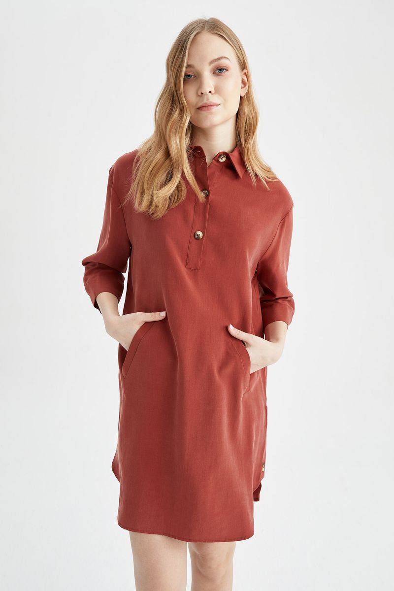 Woman Casual A Line Shirt Neck Long Sleeve Woven Dress - Brown