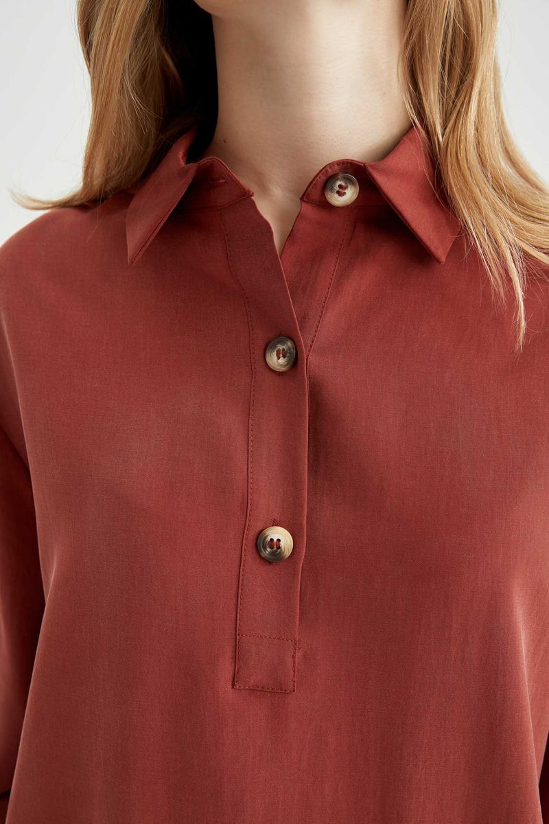 Woman Casual A Line Shirt Neck Long Sleeve Woven Dress - Brown