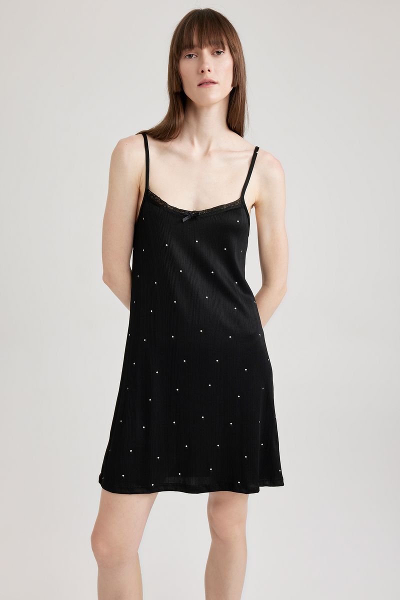 Woman Casual Regular Fit Strappy Short Sleeve Homewear Knitted Dress - Black