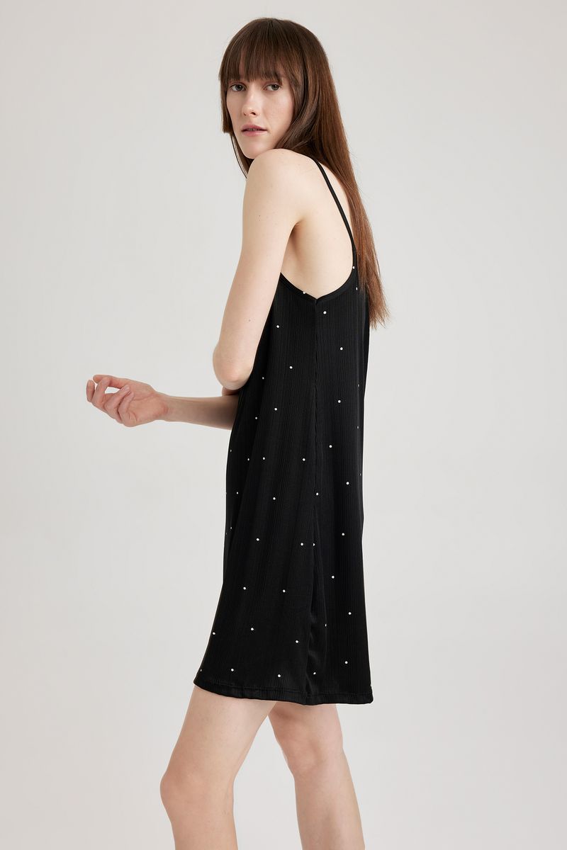 Woman Casual Regular Fit Strappy Short Sleeve Homewear Knitted Dress - Black