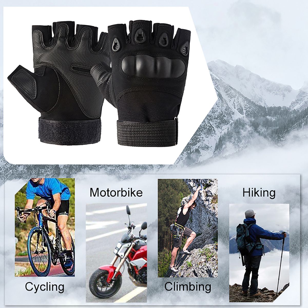 Fingerless Gloves With Hard Knuckle Anti-Slip Adjustable