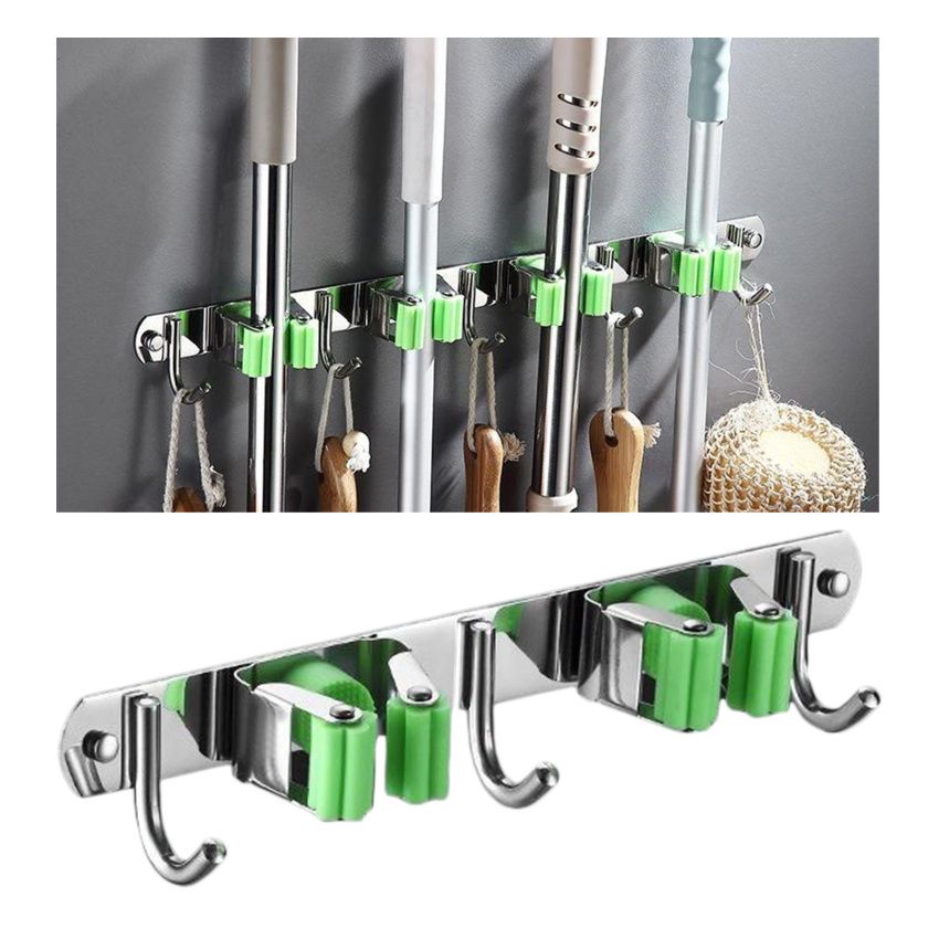 Broom Mop Holder Wall Mounted Hanger Stainless Steel Kitchen 1 Rack