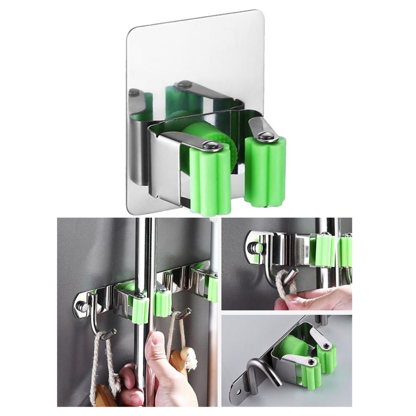 Broom Mop Holder Wall Mounted Hanger Stainless Steel Kitchen 1 Rack