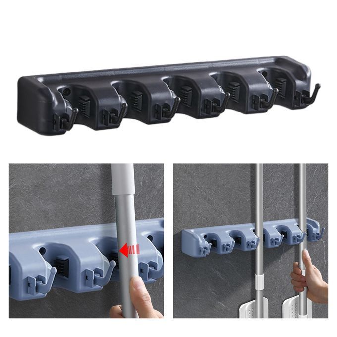 Wall Mounted Non Slide Broom Mop Holder Hanger Shelf Black 6 Hooks
