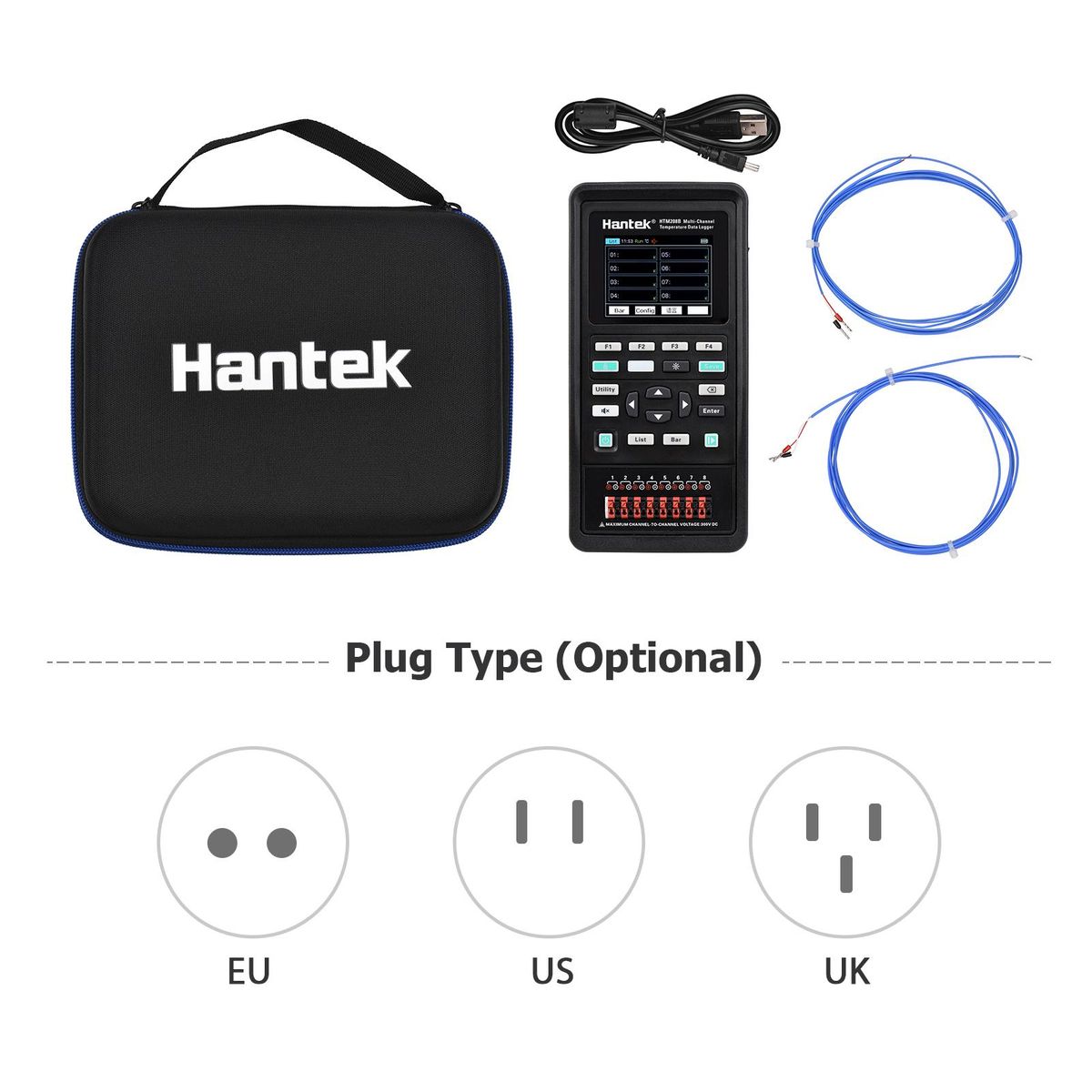 Hantek HTM208B 8-channel Temperature Data Logger Rechargeable Handheld Temperature-recording Instrument 2.8-inch LCD Digital Multifunction Tester Multi-channel High Precision Data Acquisition Recorder