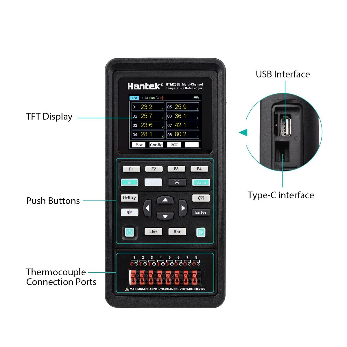Hantek HTM208B 8-channel Temperature Data Logger Rechargeable Handheld Temperature-recording Instrument 2.8-inch LCD Digital Multifunction Tester Multi-channel High Precision Data Acquisition Recorder