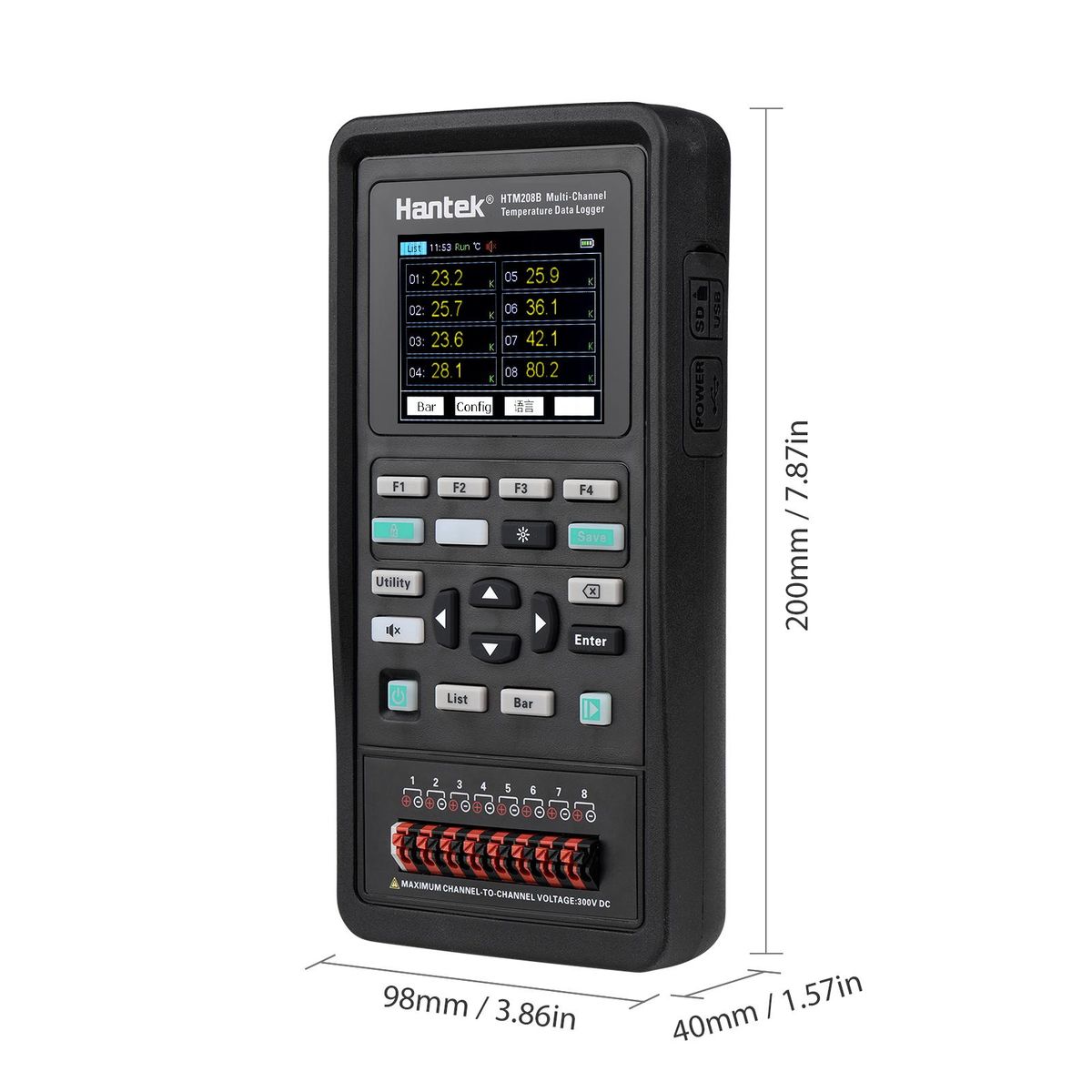 Hantek HTM208B 8-channel Temperature Data Logger Rechargeable Handheld Temperature-recording Instrument 2.8-inch LCD Digital Multifunction Tester Multi-channel High Precision Data Acquisition Recorder