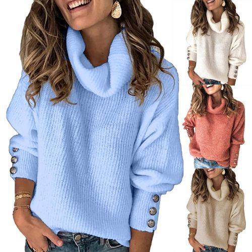 11.11 Trendy Women Autumn Winter Soft Comfort Solid Color Warm Turtle Neck Buttons Cuff Warm Pullover Sweater Christmas Gift(#Blue)