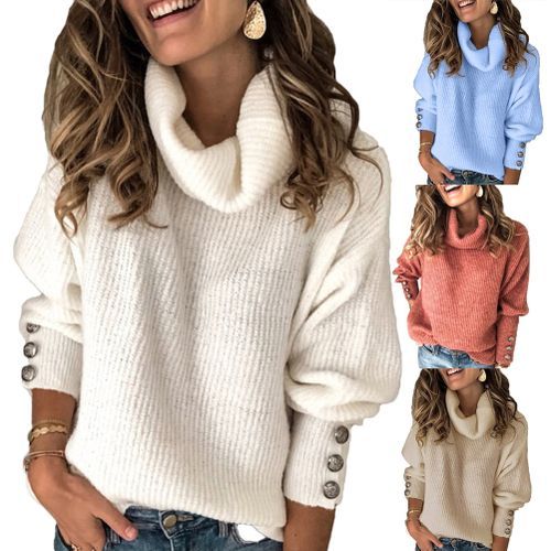 11.11 Trendy Women Autumn Winter Soft Comfort Solid Color Warm Turtle Neck Buttons Cuff Warm Pullover Sweater Christmas Gift(#Blue)