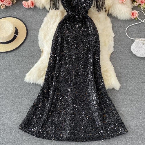 Mesh Sequins Evening Dress - Black