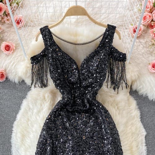 Mesh Sequins Evening Dress - Black