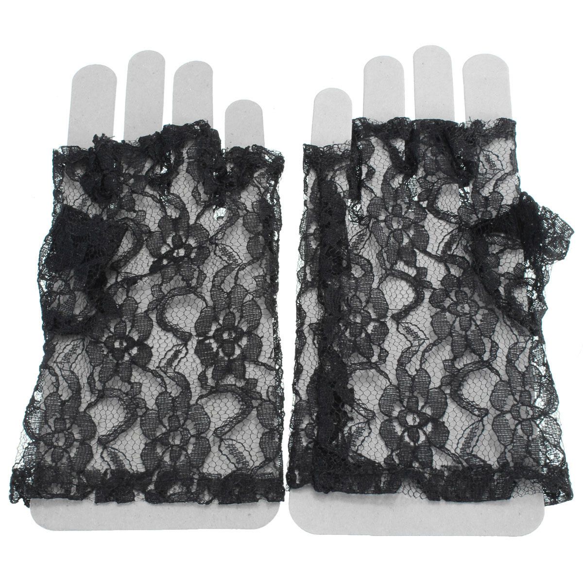 2x Short Lace Half Fingerless Gothic Style Ladies Fancy Dress Accessories Black Black