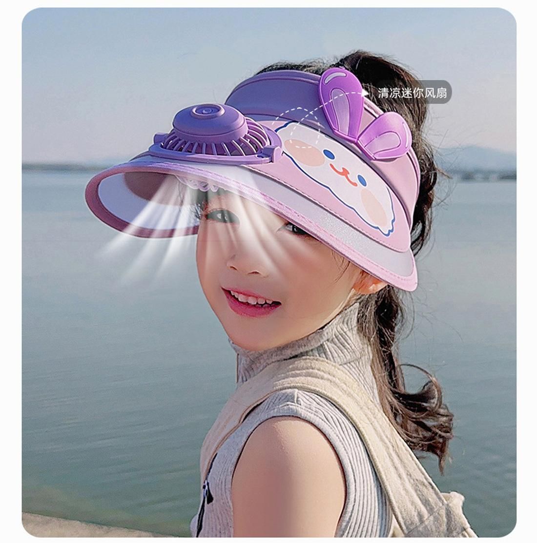 3-10 Years Cute Cartoon Kids Visor Hat with USB Rechargeable Mini Fan