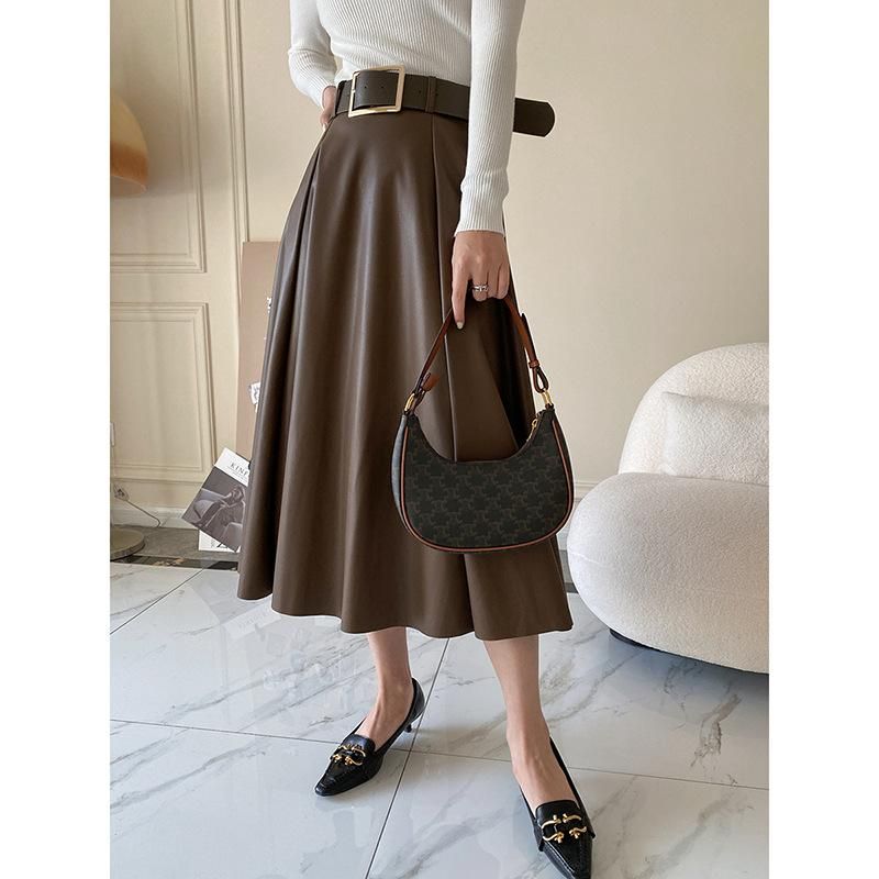 Sinan High Waist Small Half Skirt Mid length Women's 2022 Autumn/Winter New A-line Leather Skirt