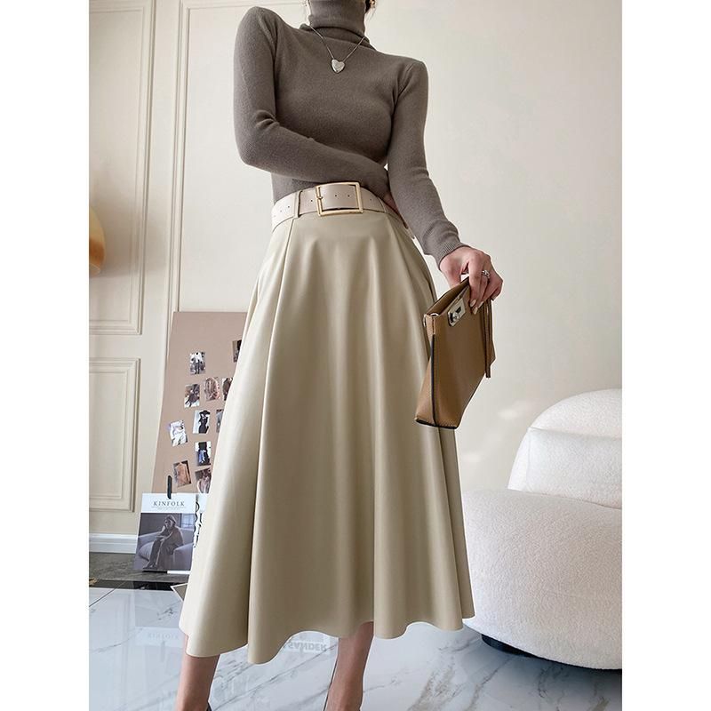 Sinan High Waist Small Half Skirt Mid length Women's 2022 Autumn/Winter New A-line Leather Skirt
