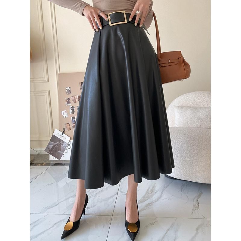 Sinan High Waist Small Half Skirt Mid length Women's 2022 Autumn/Winter New A-line Leather Skirt