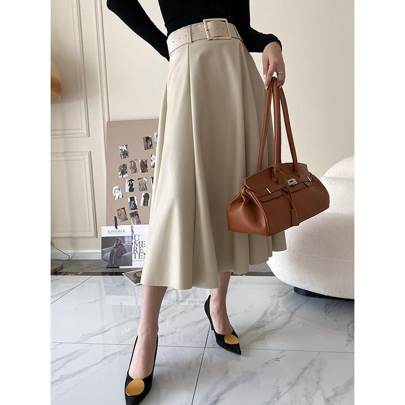 Sinan High Waist Small Half Skirt Mid length Women's 2022 Autumn/Winter New A-line Leather Skirt