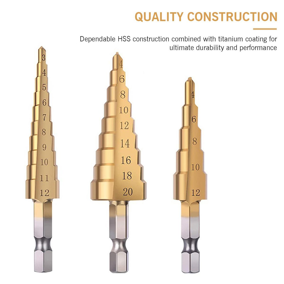 HSS 4PCS Titanium Step Drill Bit Set High Speed Steel Drill Bits Set with Automatic Center Punch Multiple Hole Stepped Up Bits for Plastic Wood Metal
