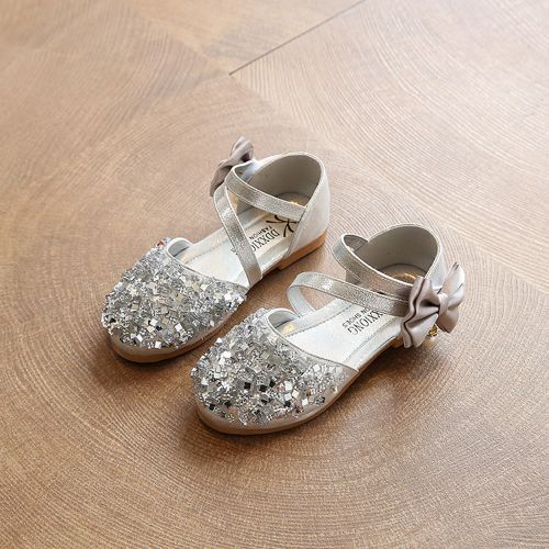 Girls Sequined Flat Leather Sandals Princess Dance Shoes Silver
