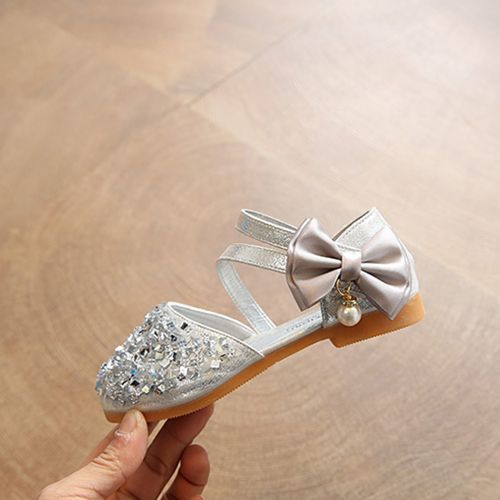 Girls Sequined Flat Leather Sandals Princess Dance Shoes Silver