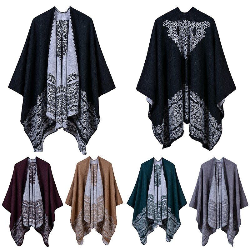 Vintage Women Poncho Cardigan Sweater Lace Patten Faux