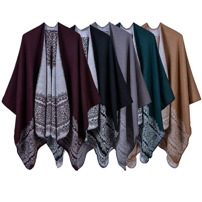 Vintage Women Poncho Cardigan Sweater Lace Patten Faux