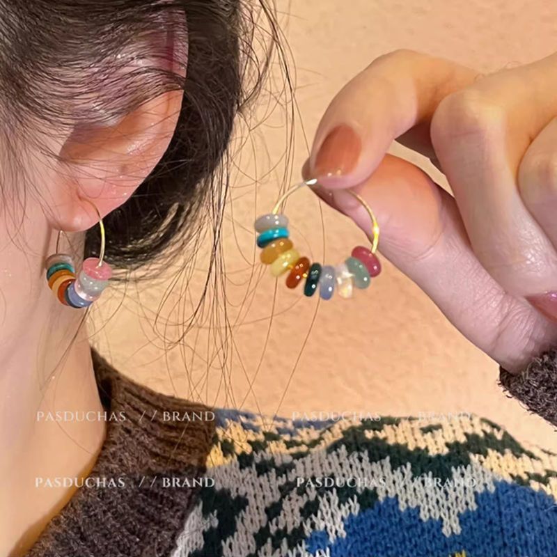 Earrings Women's 925 Silver Colorful Beaded Ear Buckle Ring