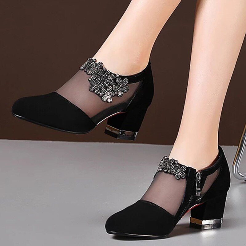 Summer Women Hollow Pumps Mid Heel Mesh Rhinestone Ladies Single Sandals