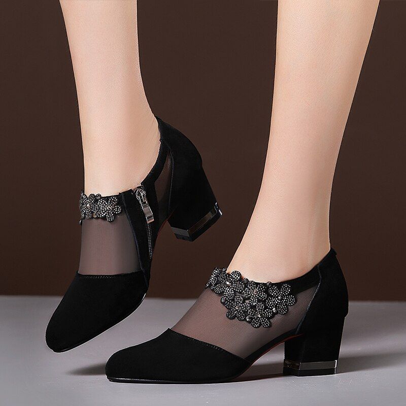Summer Women Hollow Pumps Mid Heel Mesh Rhinestone Ladies Single Sandals