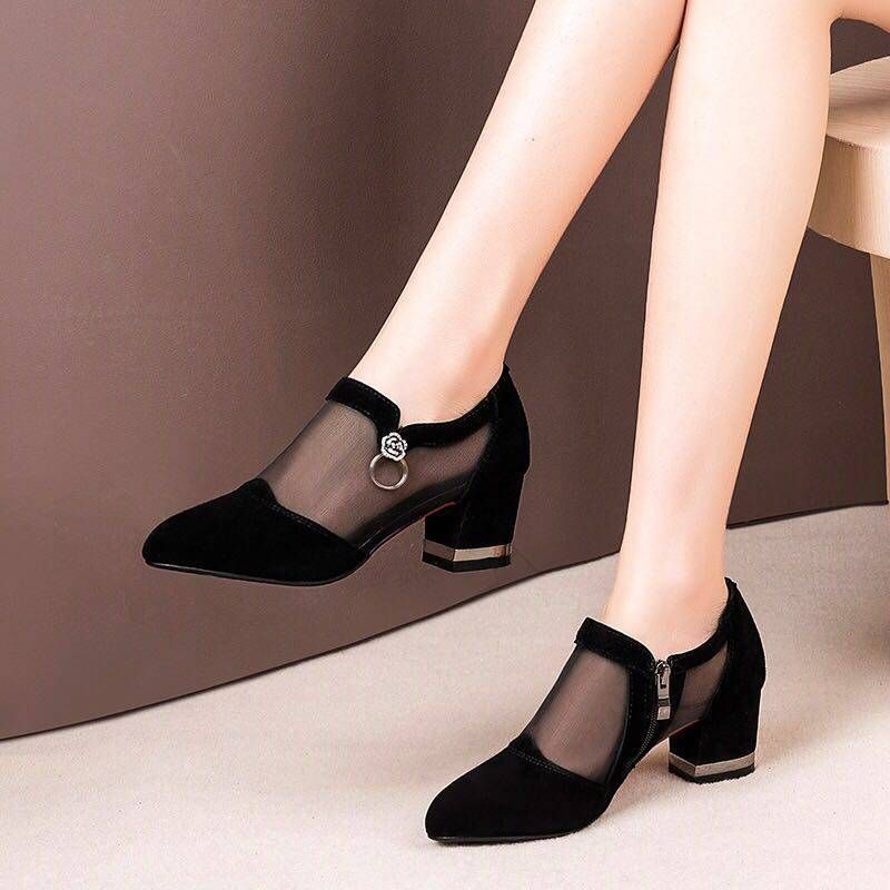 Summer Women Hollow Pumps Mid Heel Mesh Rhinestone Ladies Single Sandals