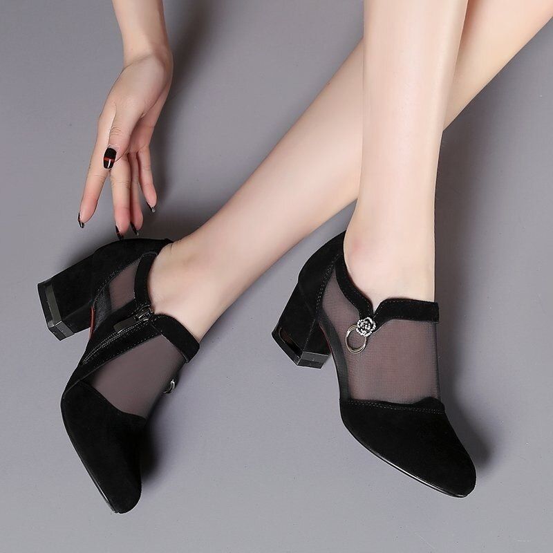 Summer Women Hollow Pumps Mid Heel Mesh Rhinestone Ladies Single Sandals