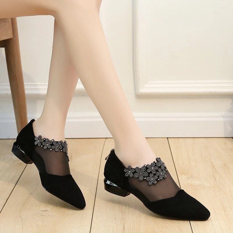 Summer Women Hollow Pumps Mid Heel Mesh Rhinestone Ladies Single Sandals