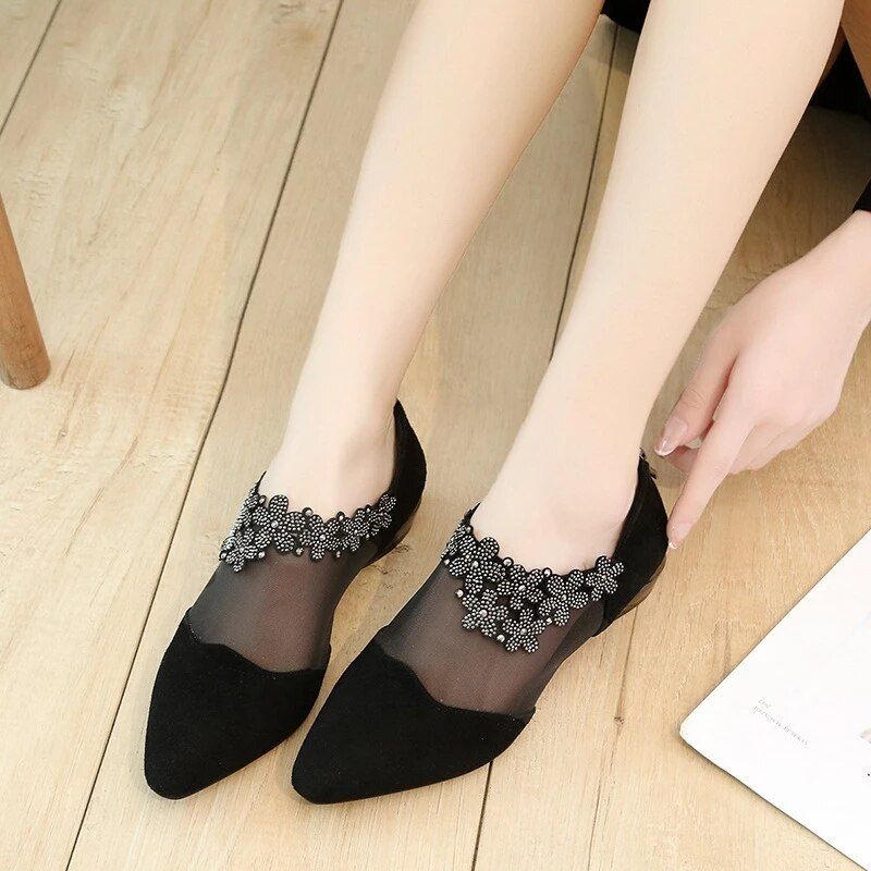 Summer Women Hollow Pumps Mid Heel Mesh Rhinestone Ladies Single Sandals