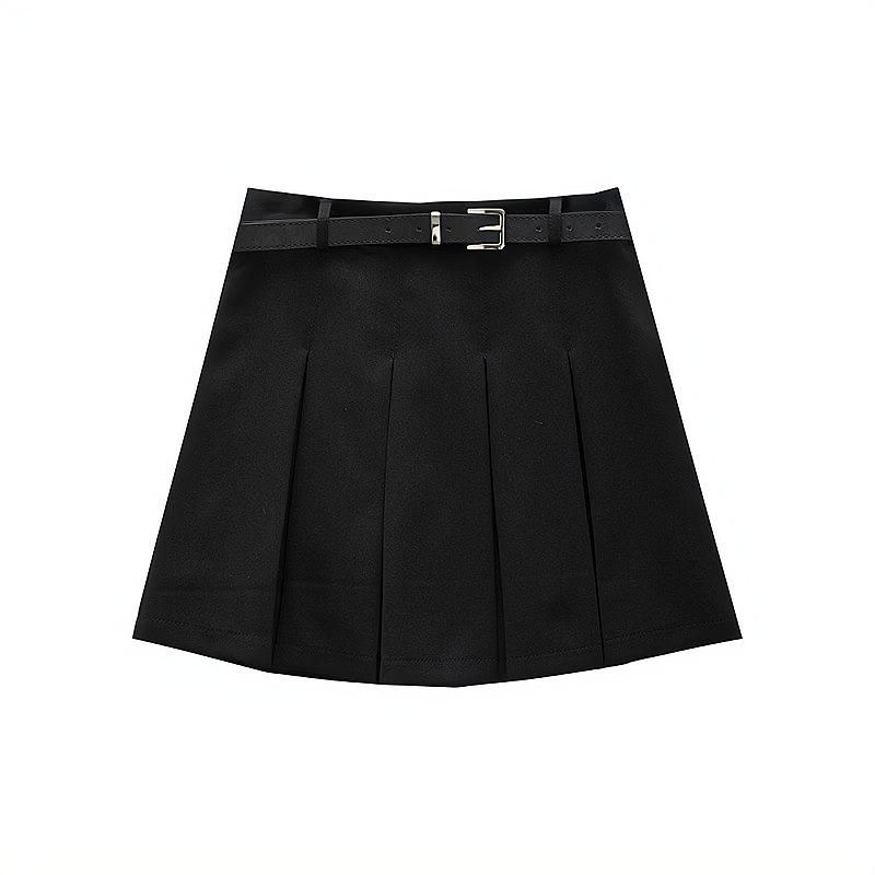2023 Spring/Summer Academy Style Small Tall Waist Slim Pleated Skirt Belt Short Skirt Short Pleated