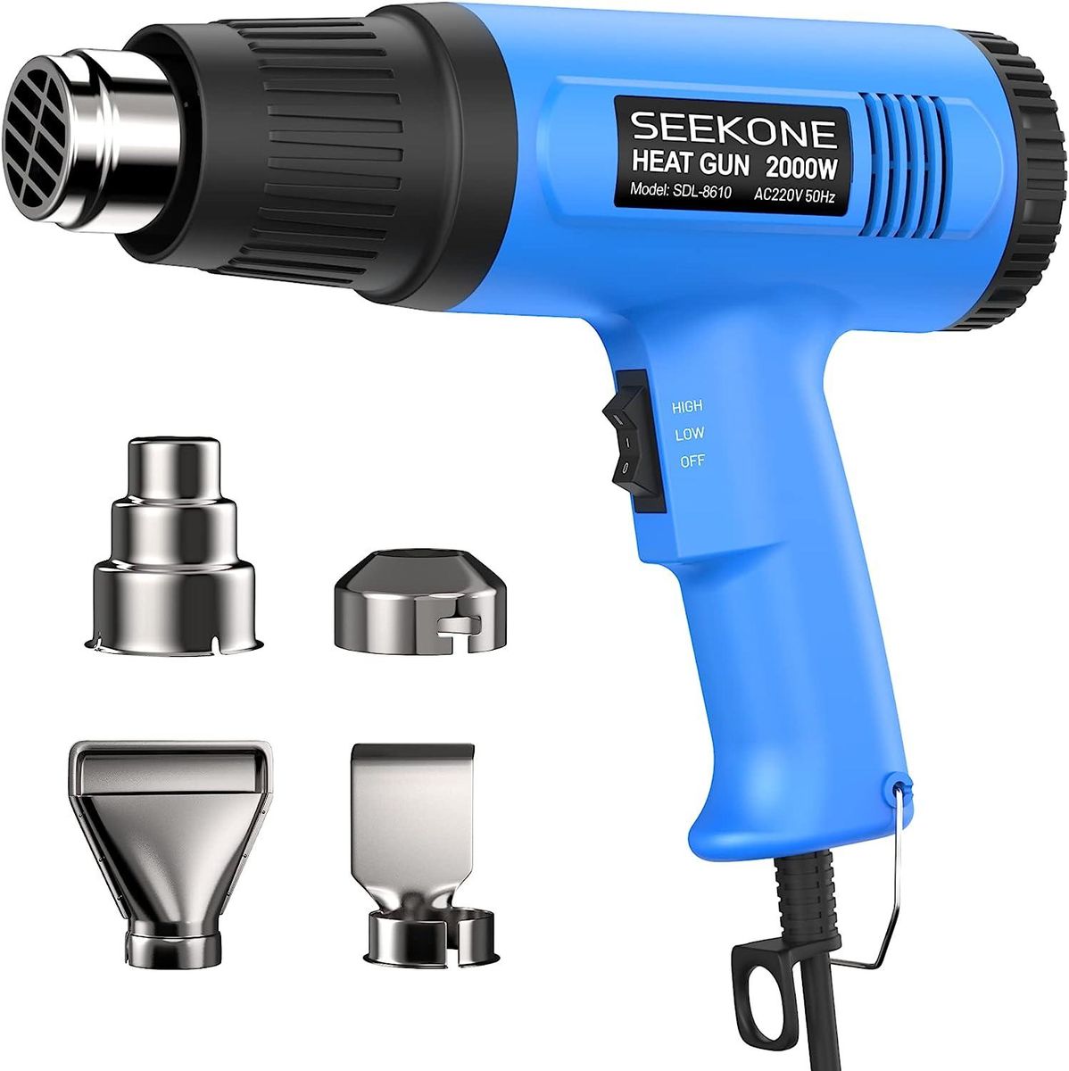 Heat Gun, 2000W Heavy Duty Hot Air Gun Kit with 2 Temperature Modes 300ºC & 600ºC, Overload Protection, Ceramic Heating Core, Handsfree Stand 4 Nozzles for Shrinking PVC