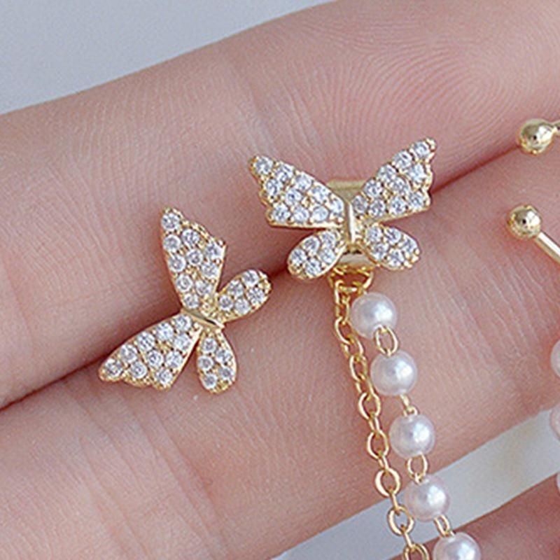 2 Pcs/Set Lady Ear Clip Butterfly Shape Rhinestone-Golden