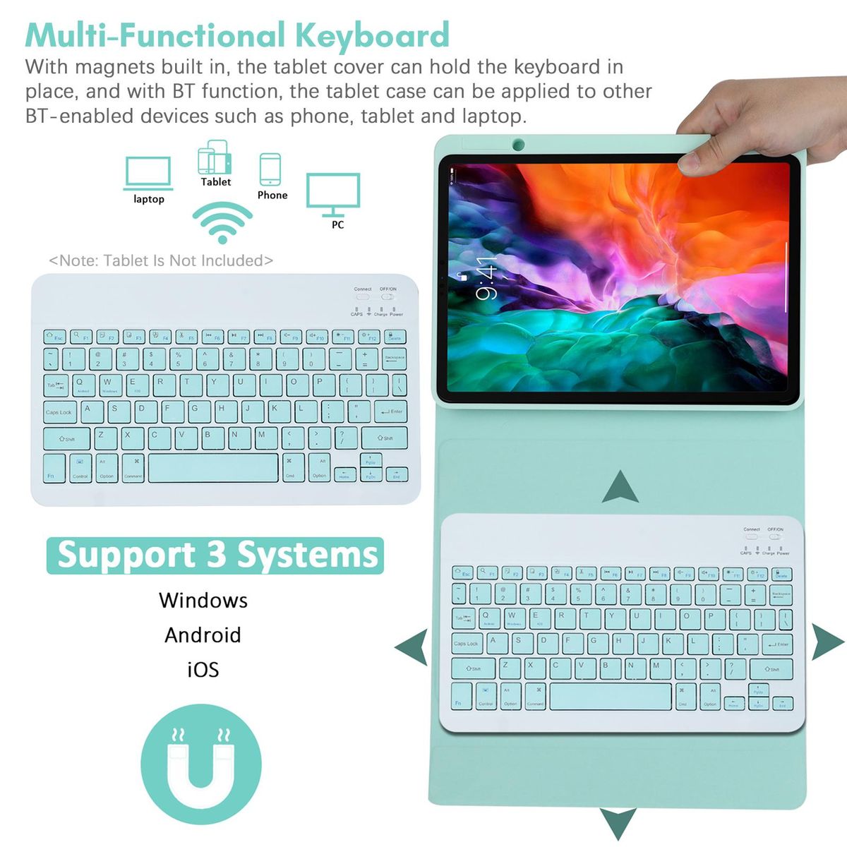 Wireless BT Keyboard USB Keypad with PU Leather Protecting Case for Tablet Compatible with iPad Air 4 10.9in/iPad Air5 10.9in/iPad Pro 11in(2018)/iPad 11in(2020)/iPad 11in(2021)/iPad 11in(2022)