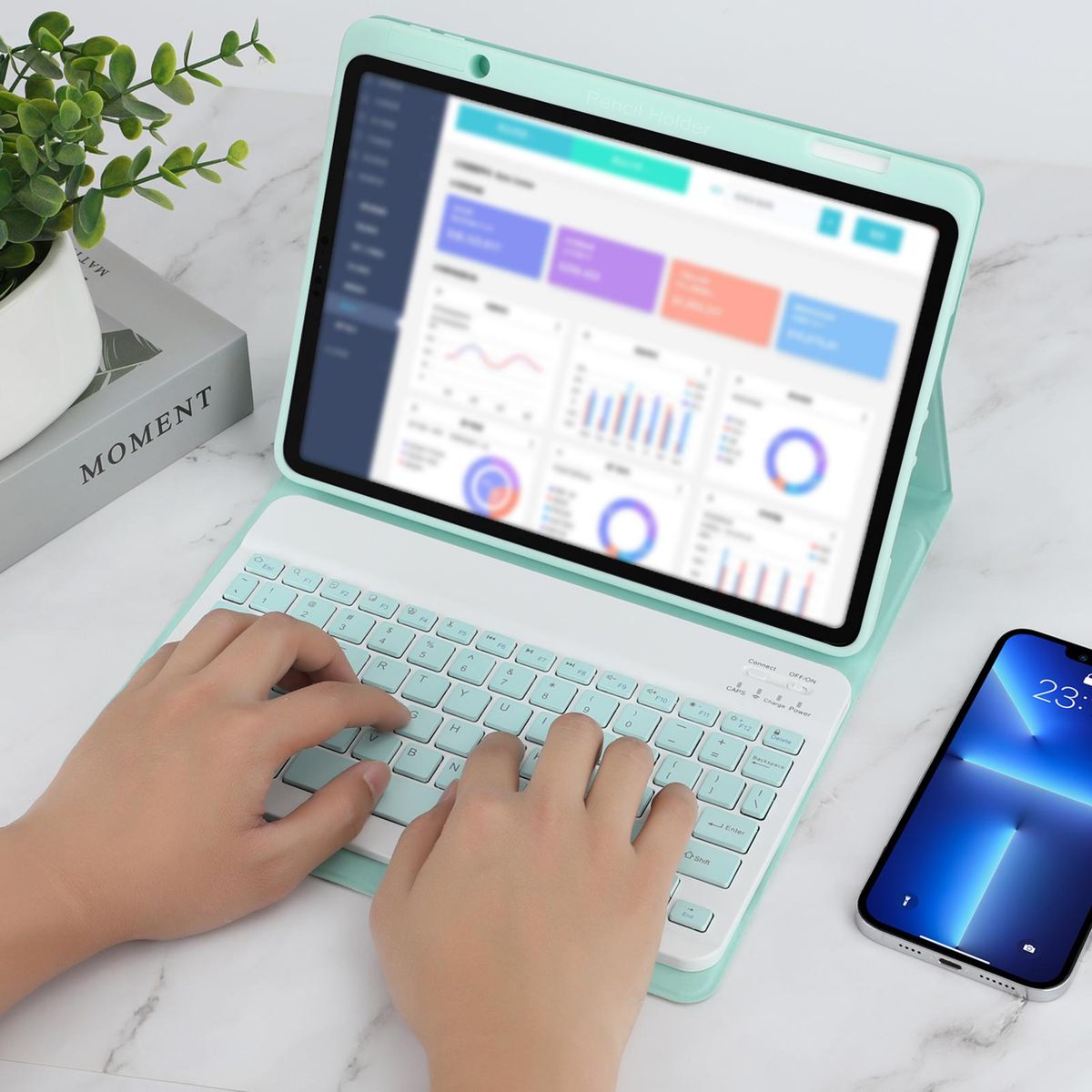 Wireless BT Keyboard USB Keypad with PU Leather Protecting Case for Tablet Compatible with iPad Air 4 10.9in/iPad Air5 10.9in/iPad Pro 11in(2018)/iPad 11in(2020)/iPad 11in(2021)/iPad 11in(2022)