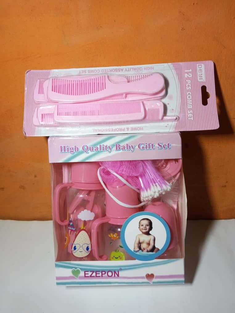 Pink Feeding Bottles Baby Gift Set + 12pcs Comb