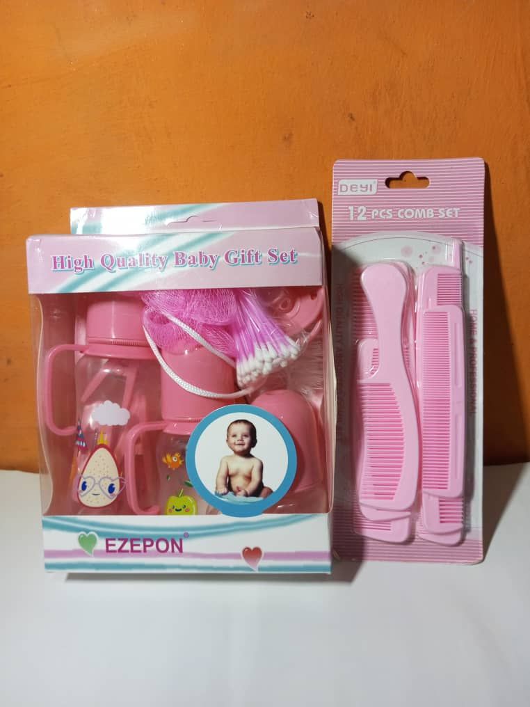 Pink Feeding Bottles Baby Gift Set + 12pcs Comb