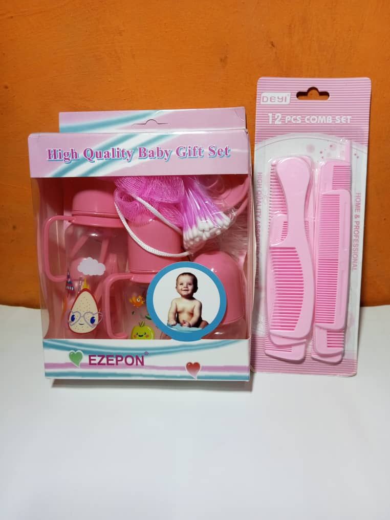 Pink Feeding Bottles Baby Gift Set + 12pcs Comb
