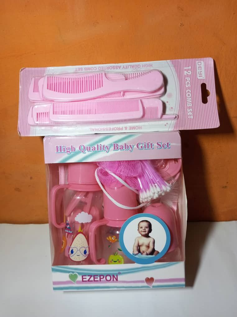 Pink Feeding Bottles Baby Gift Set + 12pcs Comb