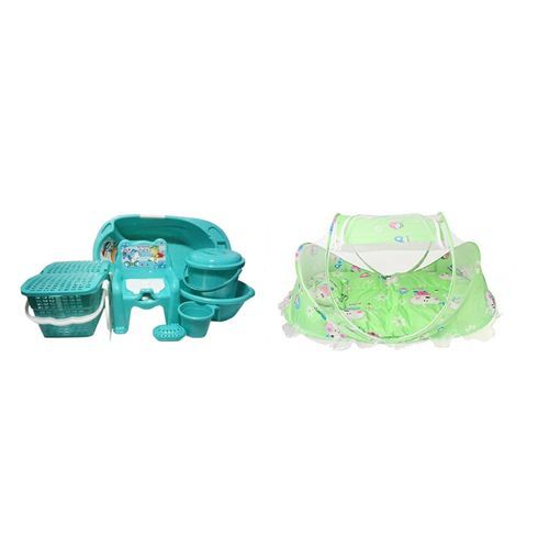 Baby Bath Set 7pcs - Green+ Pop Up Baby Bed Net - Green/Multicolor