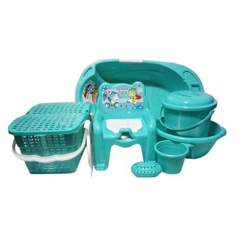Baby Bath Set 7pcs - Green+ Pop Up Baby Bed Net - Green/Multicolor