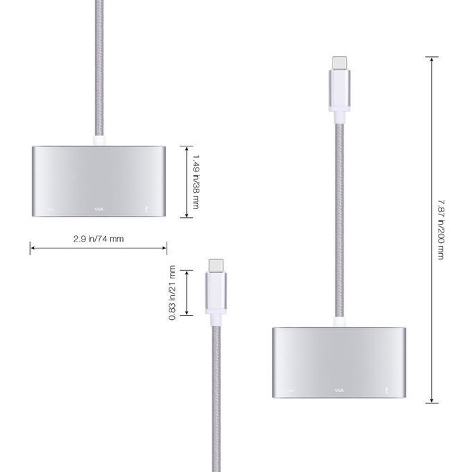 USB 3.1 Type-C To VGA /USB 3.0/Type C Adapter Converter For The New Macbook 12 Inch Laptop, Google New Chromebook Pixel And Other USB 3.1 Type C Supported Devices(Silver)