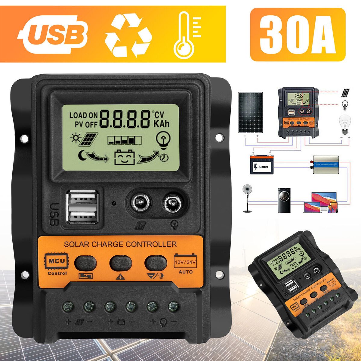 30A PWM Solar Panel Regulator Charge Controller Auto Focus Tracking USB 12/24V