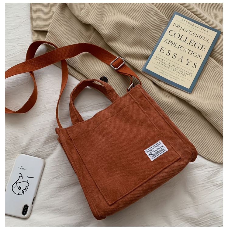 Women Corduroy Zipper Shoulder Bag Small Cotton Canvas