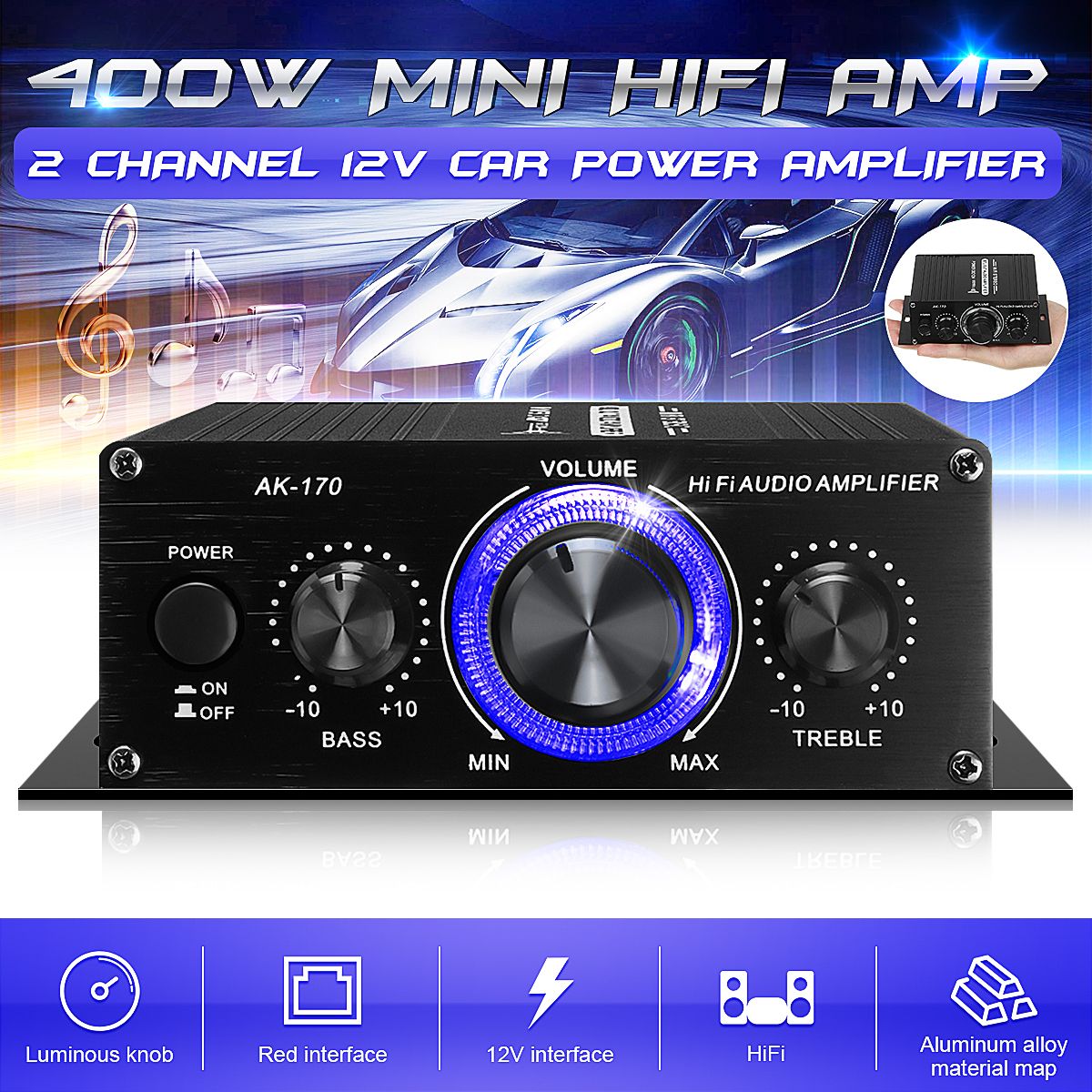 400W Car Amplifier 2CH Amp Stereo Hifi Subwoofer Sound Speaker Audio LE