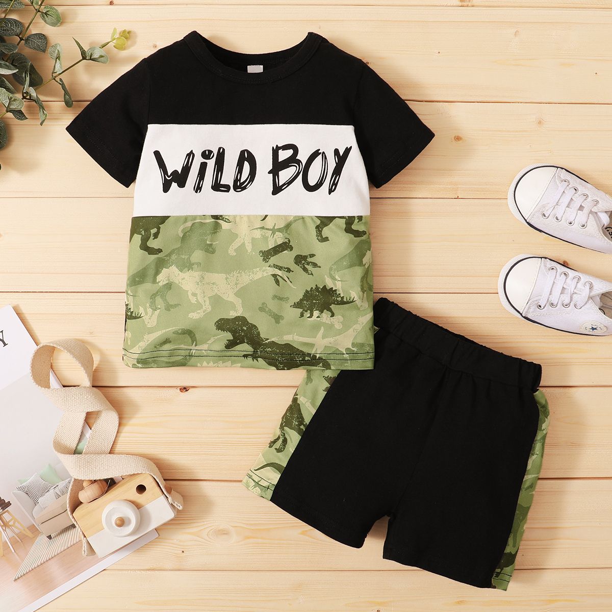 Kid Boy Summer Fashion Dinosaur Design Short Sleeve Shirt Black Pants